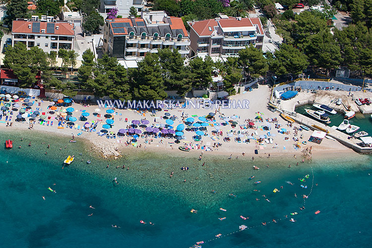 Makarska beach at summer time, aerial view